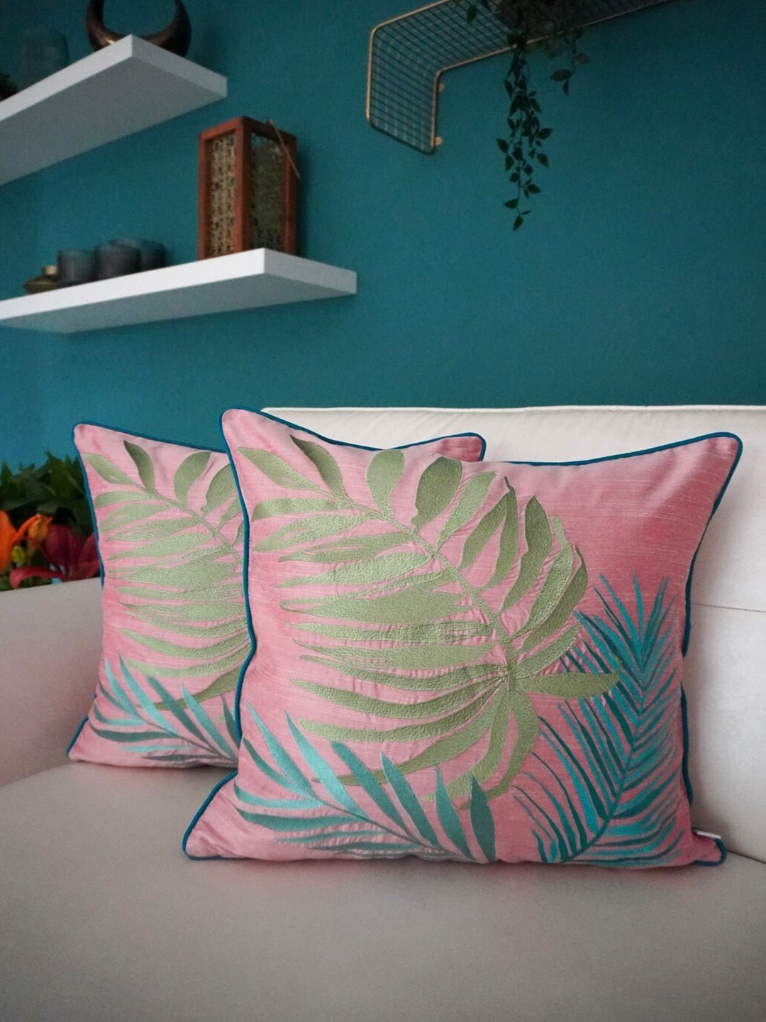 

TARA- Sparkling Homes Pink & Blue Set of 2 Floral Square Cushion Covers