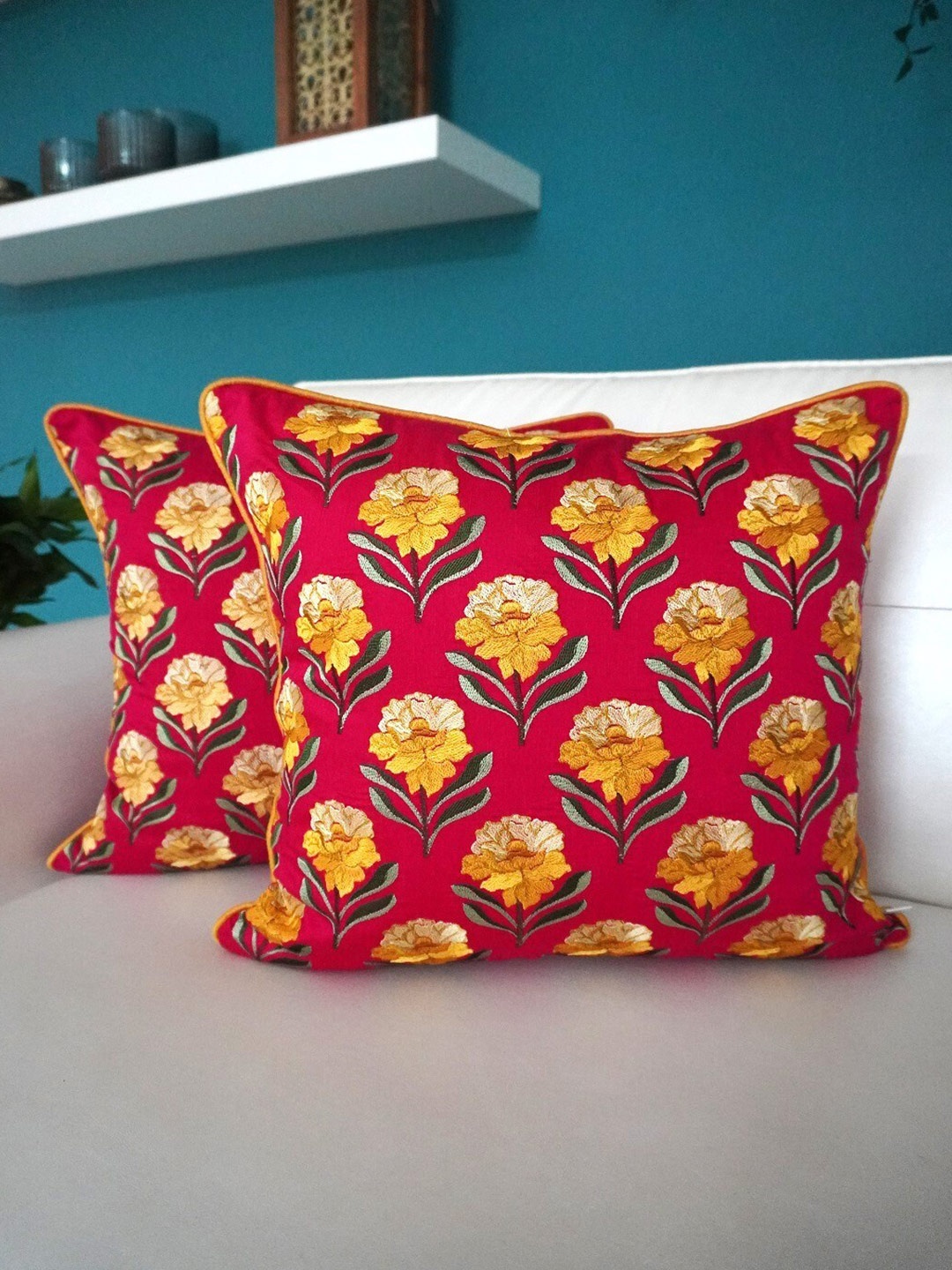 

TARA- Sparkling Homes Pink & Yellow Set of 2 Floral Square Cushion Covers