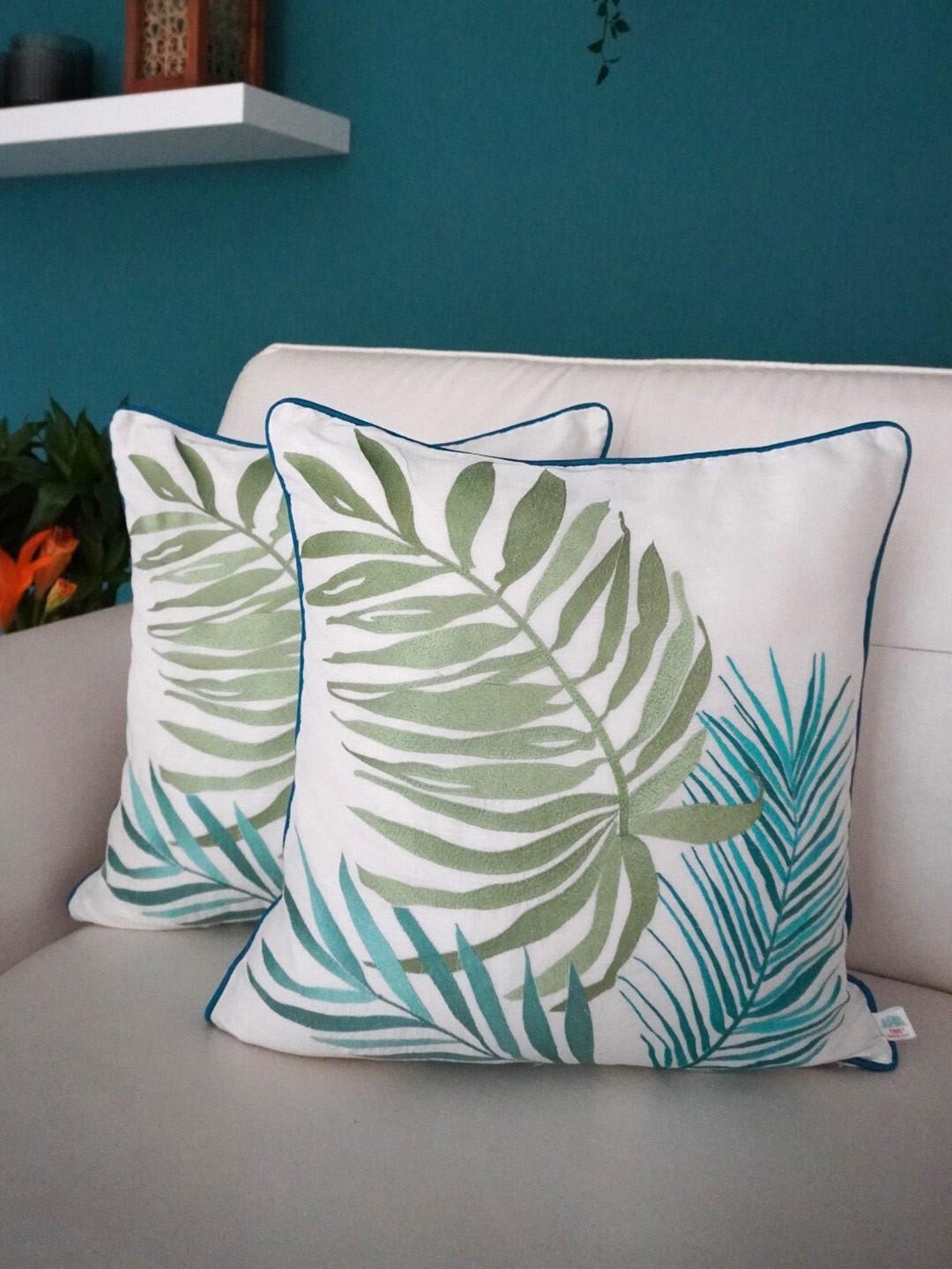 

TARA- Sparkling Homes White & Green Set of 2 Floral Square Cushion Covers