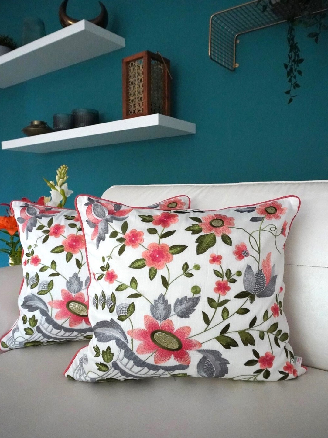 

TARA- Sparkling Homes Pink & White Set of 2 Floral Square Cushion Covers
