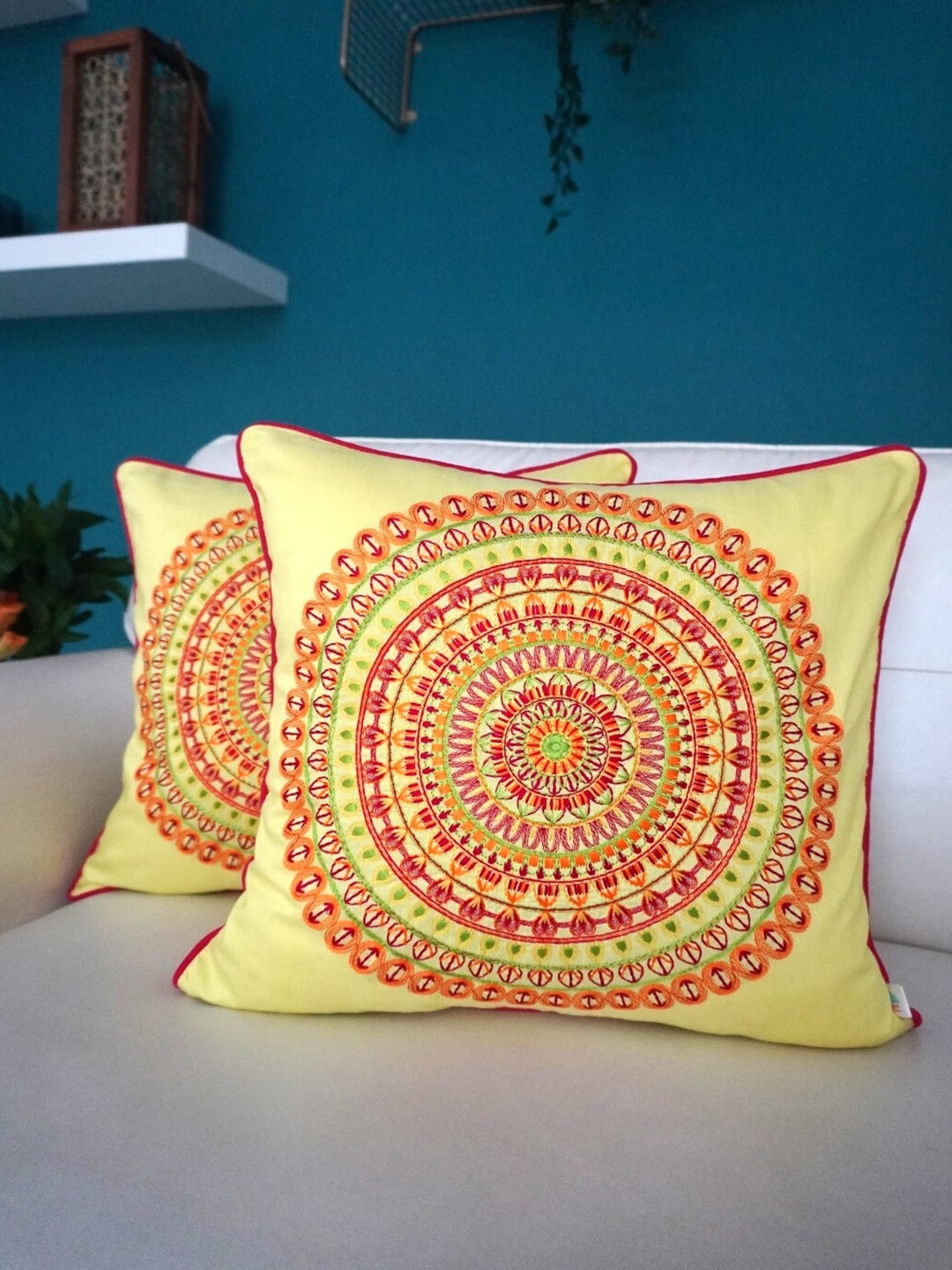 

TARA- Sparkling Homes Yellow & Purple Set of 2 Floral Square Cushion Covers