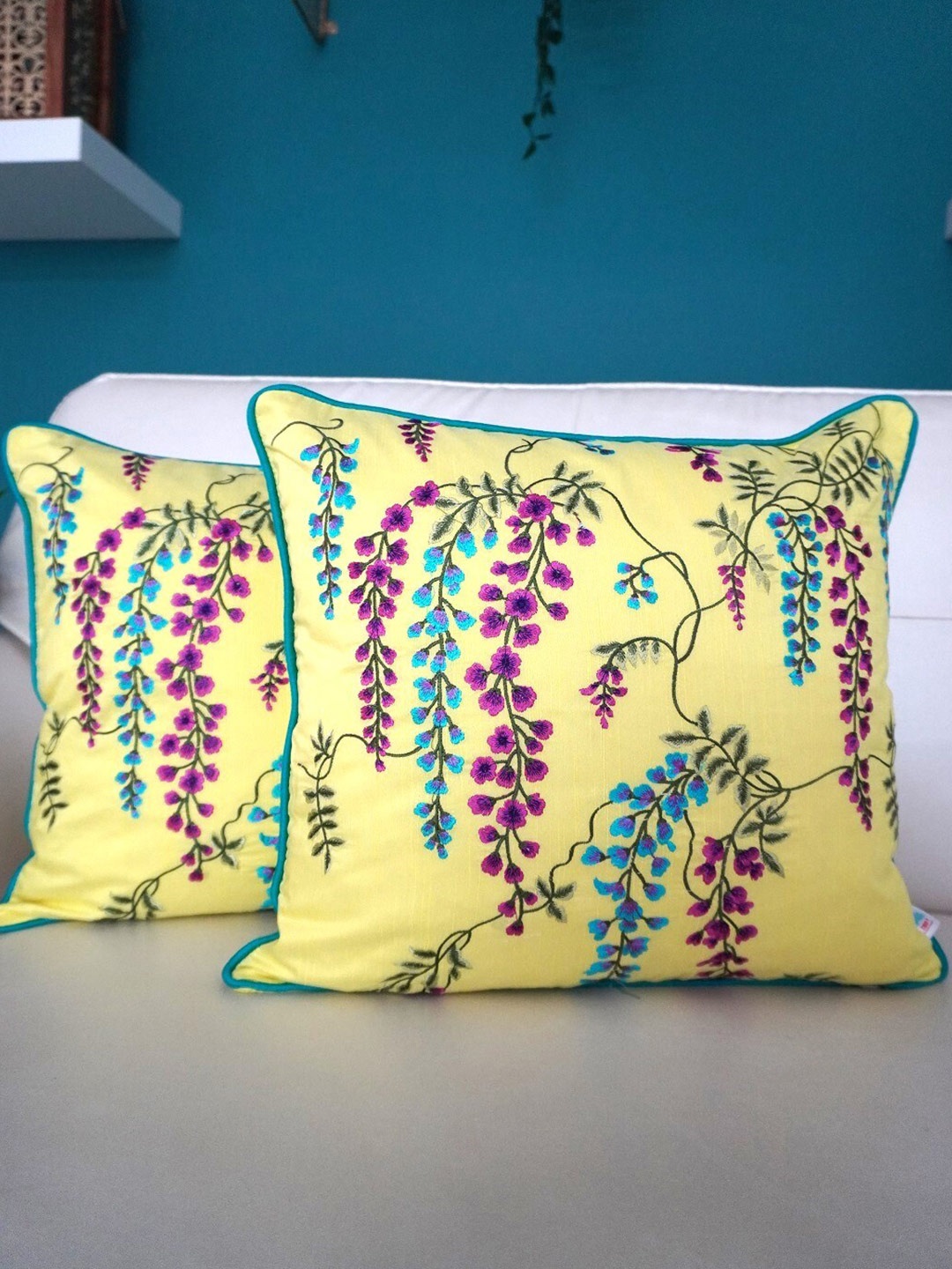 

TARA- Sparkling Homes Yellow & Blue Set of 2 Floral Square Cushion Covers