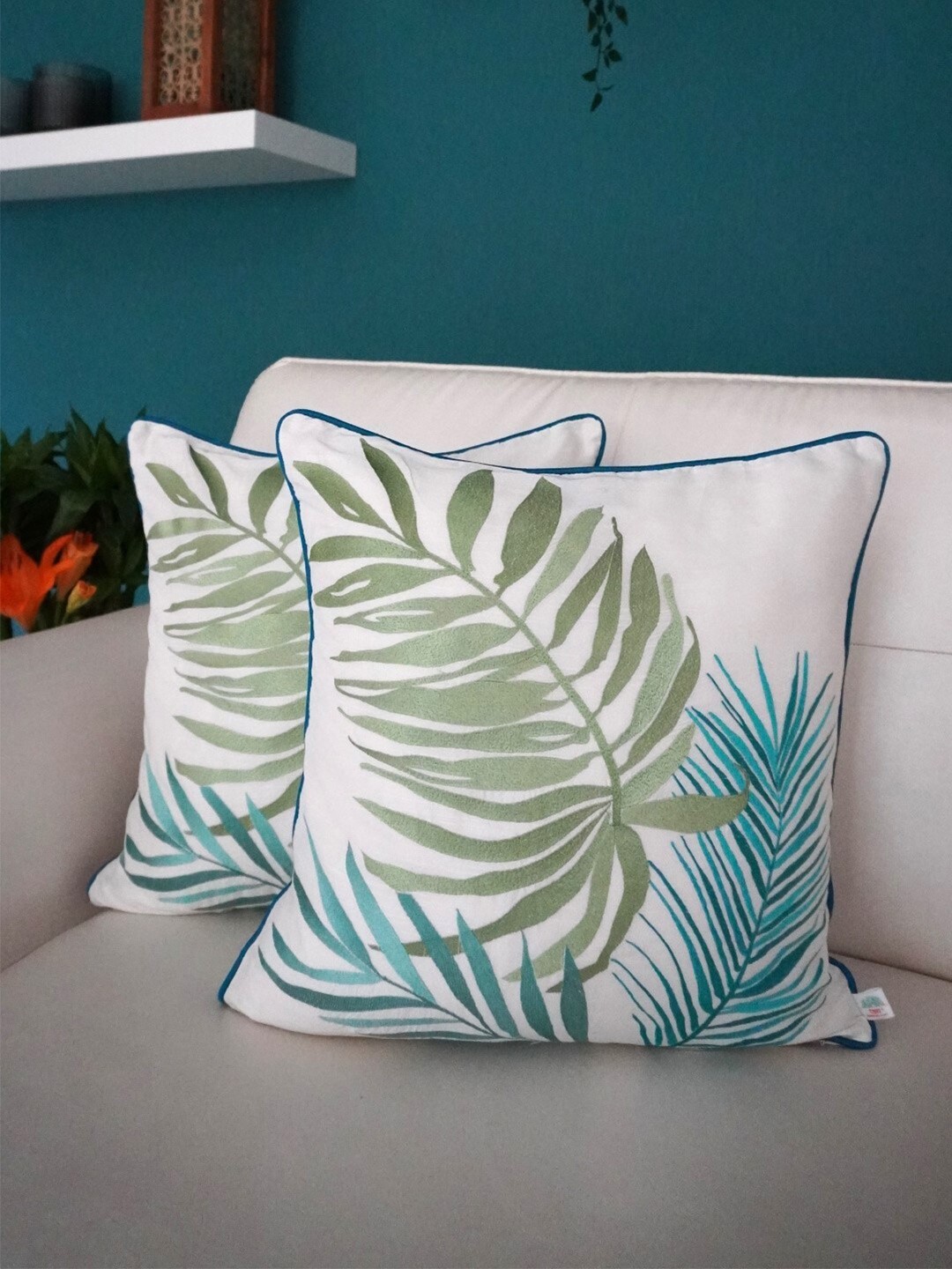 

TARA- Sparkling Homes White & Blue Set of 2 Floral Square Cushion Covers