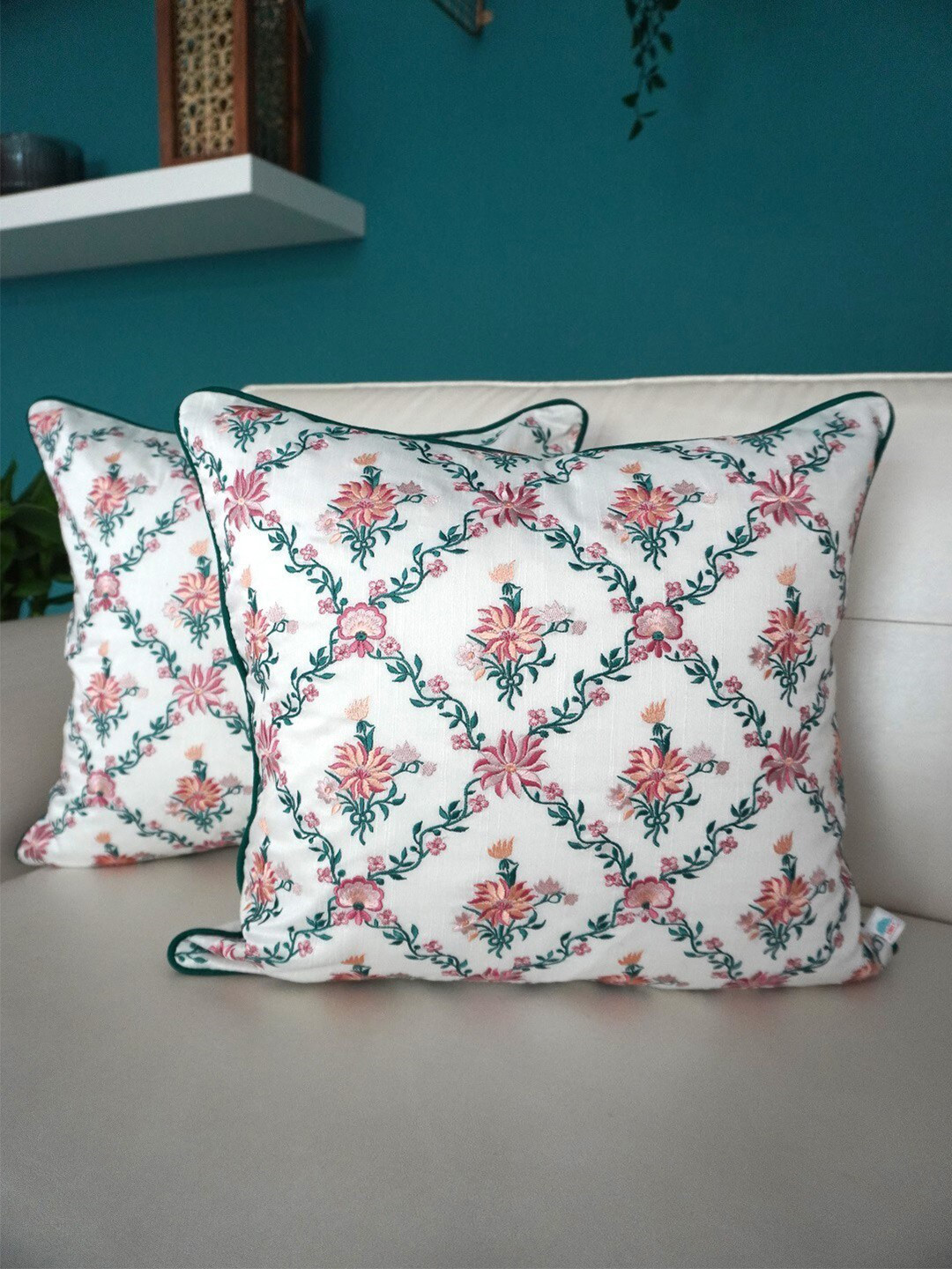 

TARA- Sparkling Homes White & Blue Set of 2 Floral Square Cushion Covers