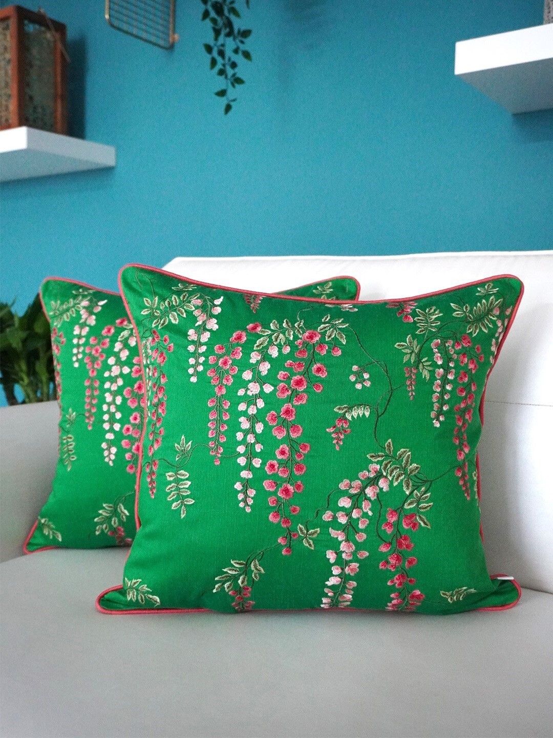 

TARA- Sparkling Homes Green & White Set of 2 Floral Square Cushion Covers