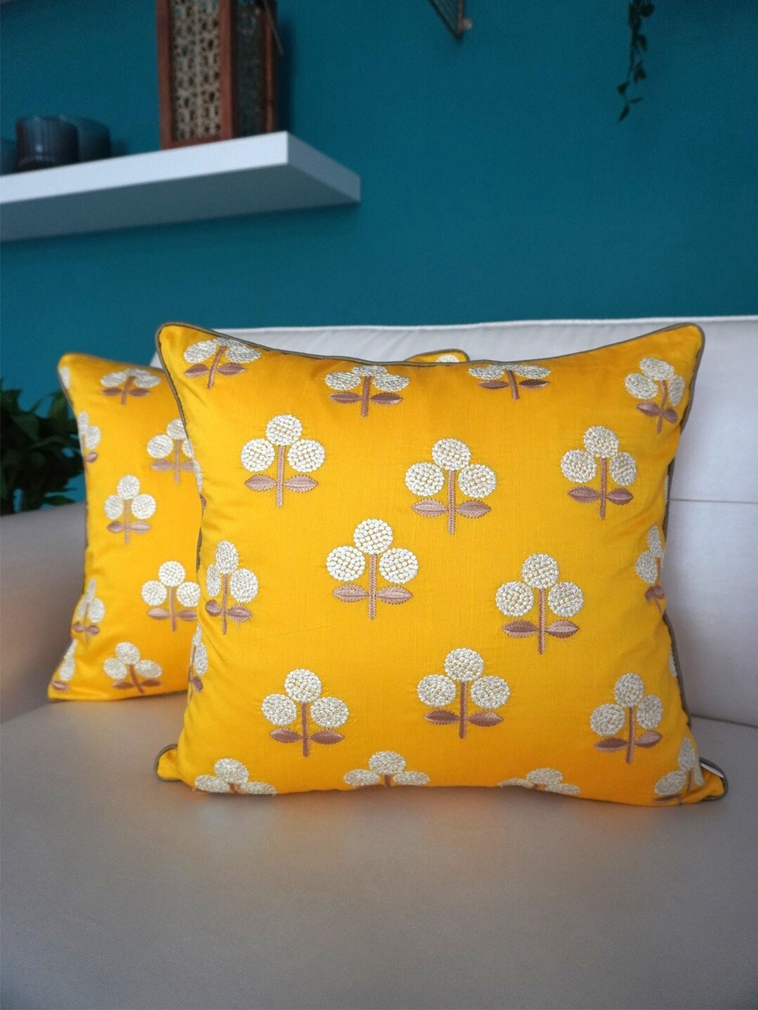 

TARA- Sparkling Homes Yellow & White Set of 2 Floral Square Cushion Covers