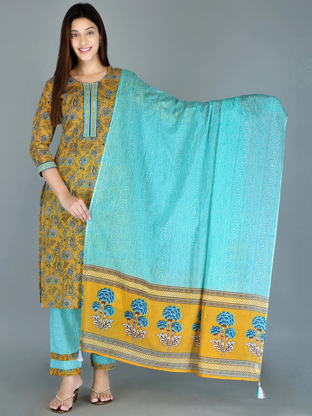 

KANNAHI Women Floral Print Pure Cotton Straight Kurta & Trousers With Dupatta, Yellow