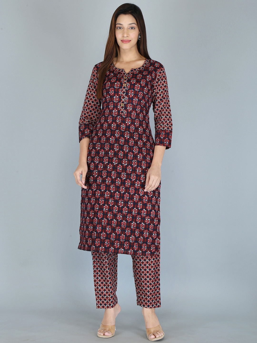 

KANNAHI Ethnic Floral Printed Pure Cotton Straight Kurta with Trousers, Maroon