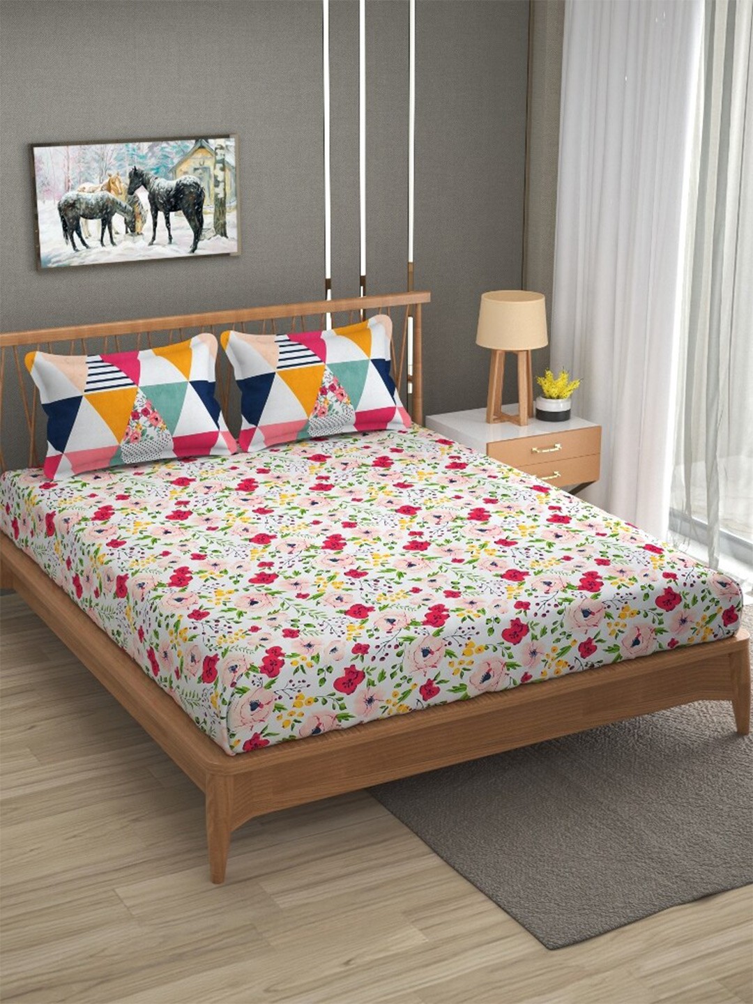 

Molly & Michel White & Pink Floral 210 TC Queen Bedsheet with 2 Pillow Covers