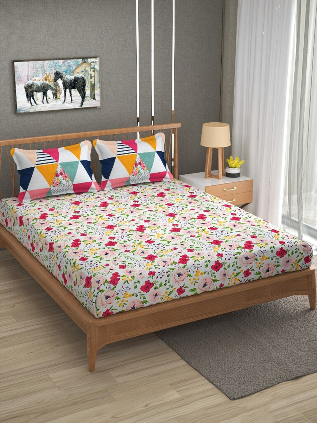 

Molly & Michel White & Pink Floral 210 TC Queen Bedsheet with 2 Pillow Covers