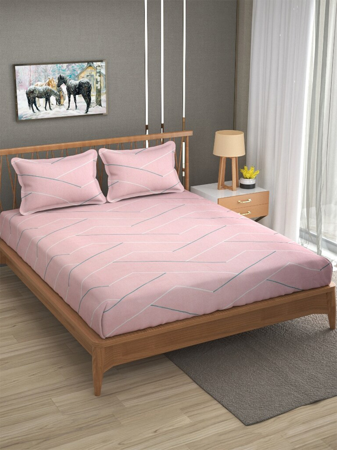 

Molly & Michel Pink & Grey Striped 210 TC Queen Bedsheet with 2 Pillow Covers