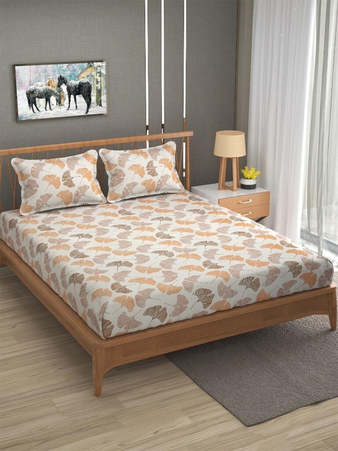 

Molly & Michel White & Brown Floral Printed 210 TC Queen Bedsheet with 2 Pillow Covers