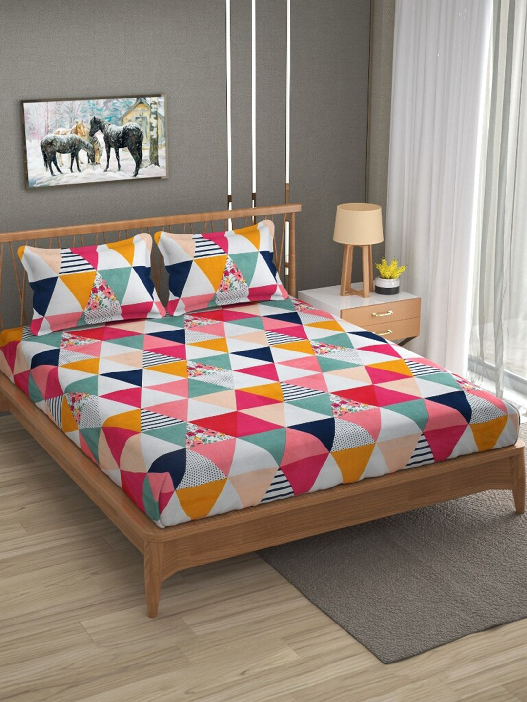 

Molly & Michel Pink & White Geometric Printed 210 TC Queen Bedsheet with 2 Pillow Covers