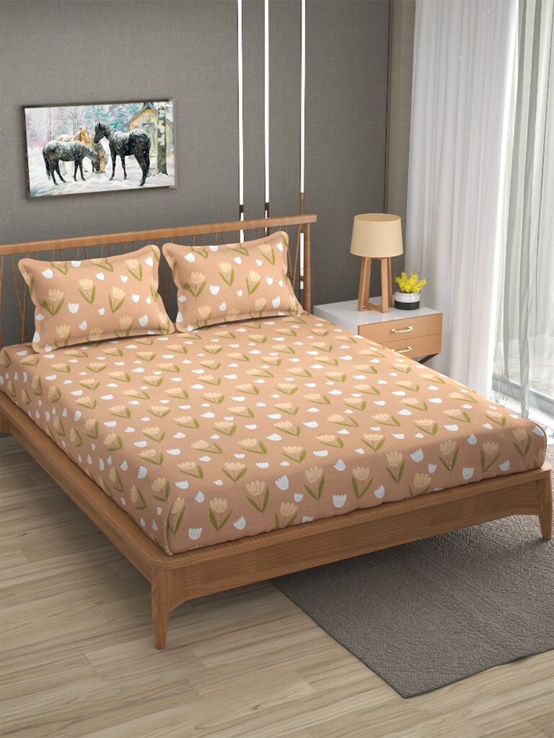 

Molly & Michel Beige & White Floral 210 TC Queen Bedsheet with 2 Pillow Covers