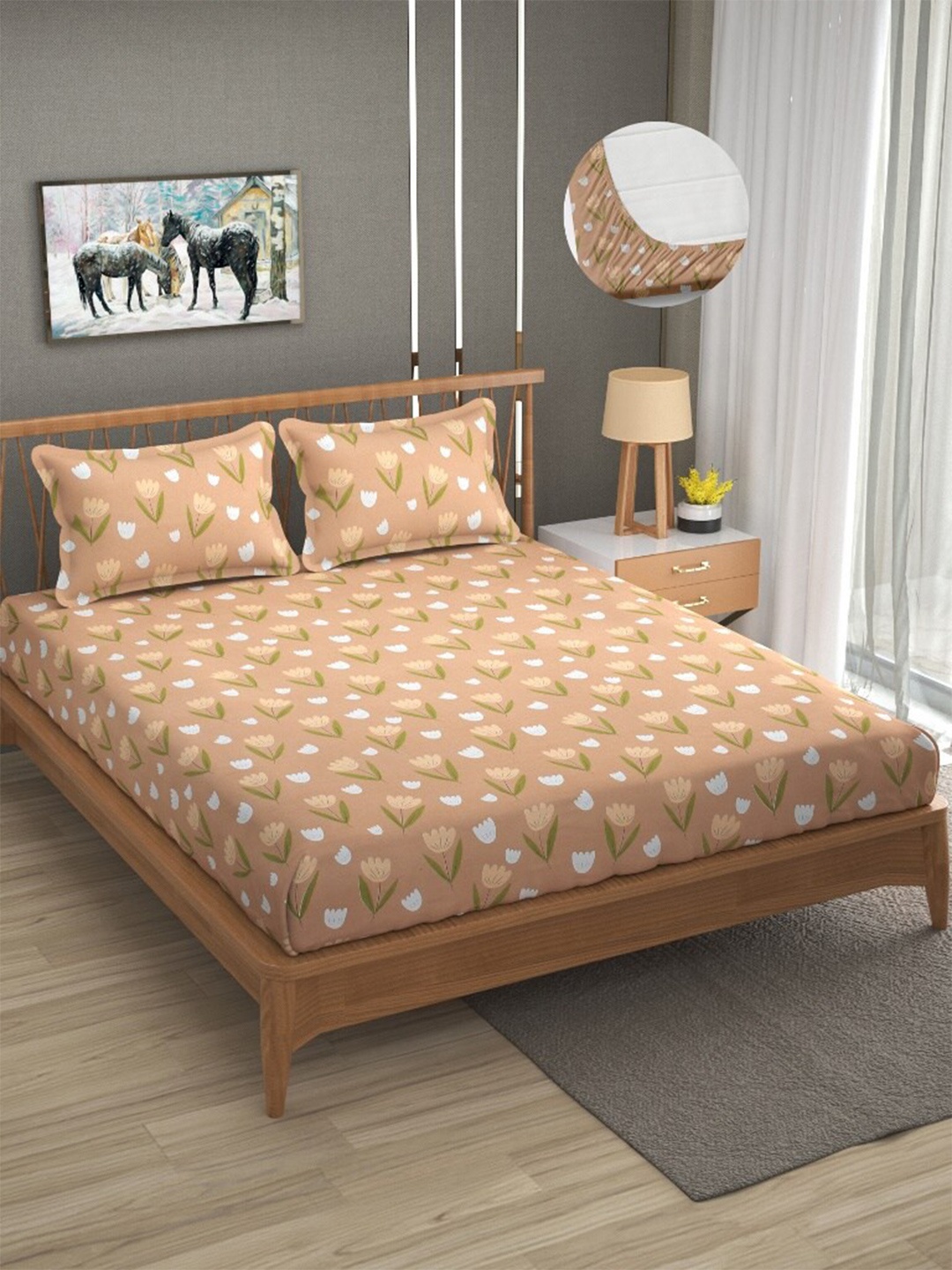 

Molly & Michel Beige & White Floral 210 TC Queen Bedsheet with 2 Pillow Covers