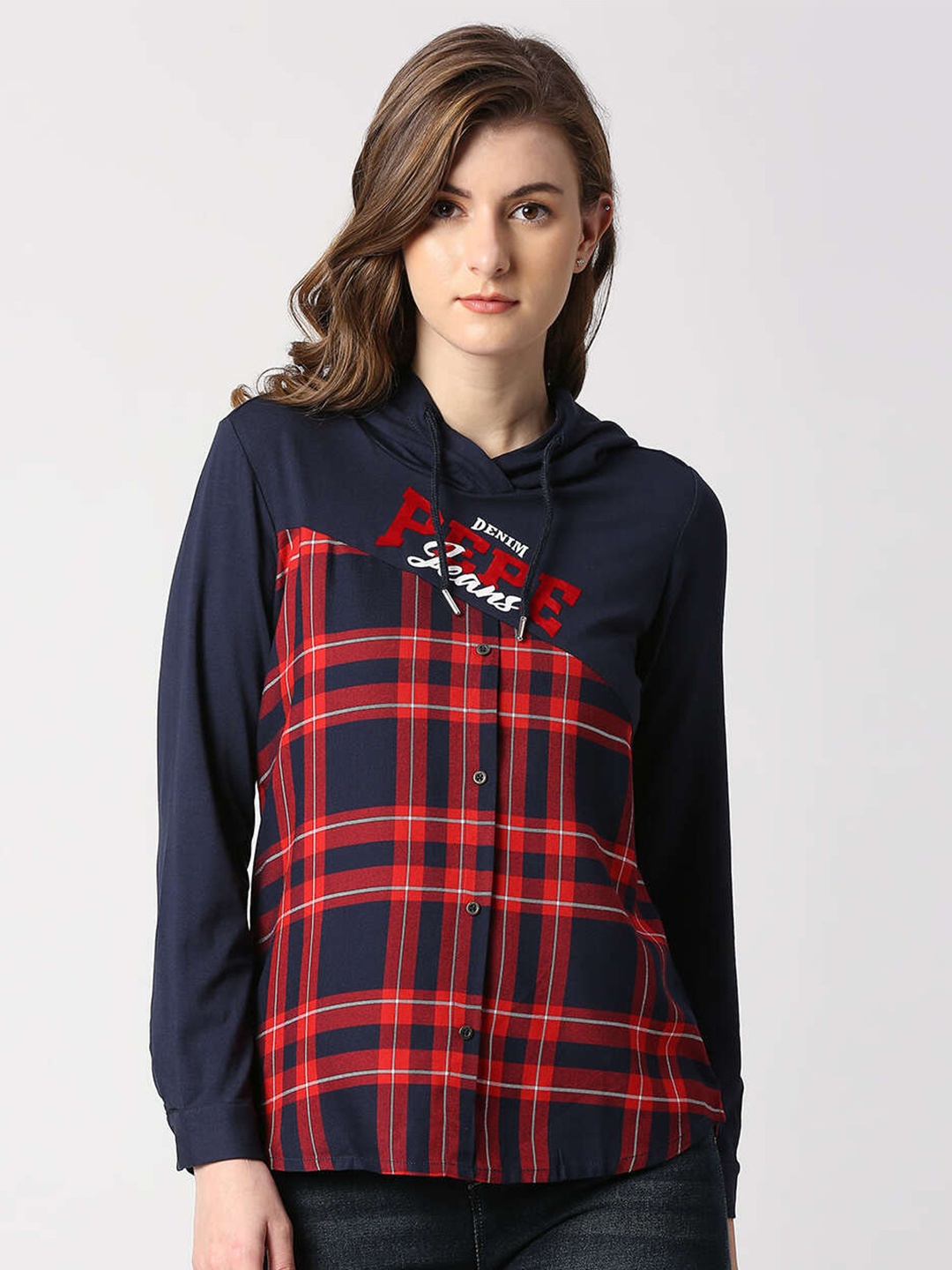 

Pepe Jeans Women Tartan Checks Checked Hooded Casual Shirt, Red