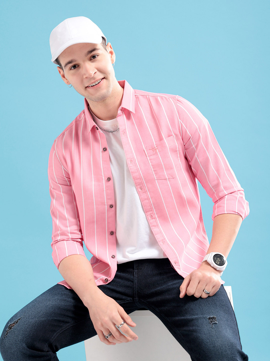 

The Indian Garage Co Men Striped Cotton Casual Shirt, Pink