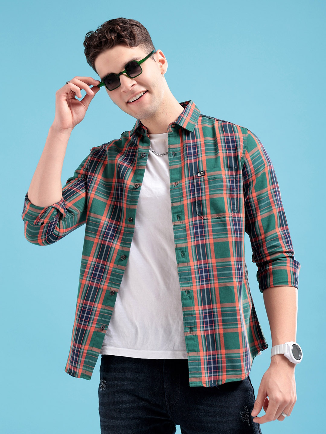 

The Indian Garage Co Men Tartan Checked Cotton Casual Shirt, Teal