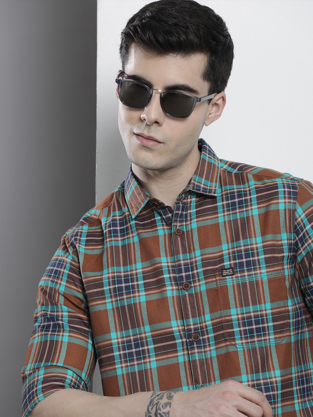 

The Indian Garage Co Men Tartan Checked Cotton Casual Shirt, Brown