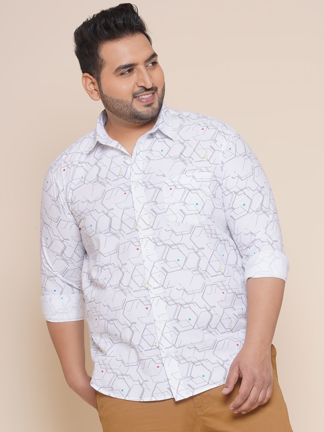 

John Pride Men Plus Size Printed Casual Cotton Shirt, White