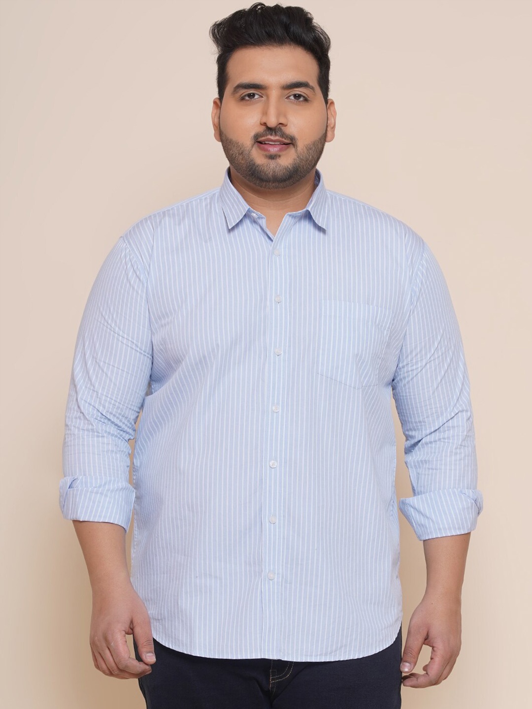John Pride Men Plus Size Striped Casual Cotton Shirt, Blue