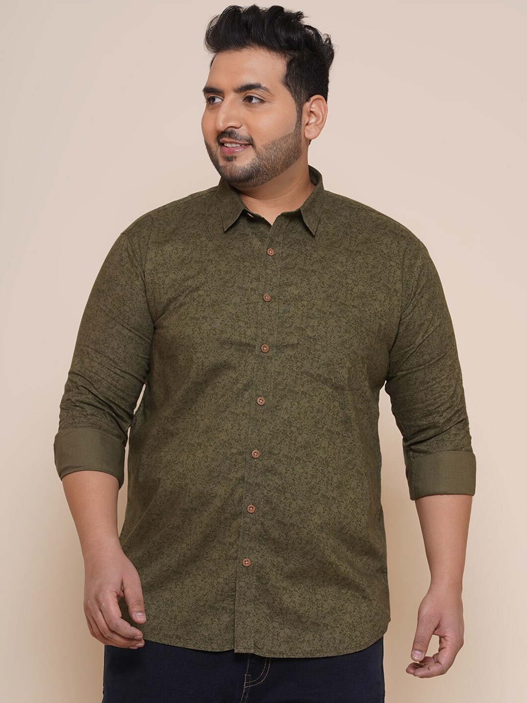 

John Pride Men Plus Size Floral Printed Casual Cotton Shirt, Olive