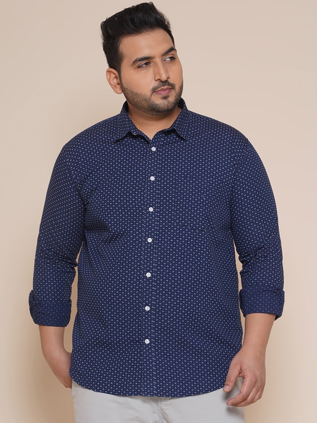 

John Pride Men Plus Size Printed Formal Cotton Shirt, Navy blue