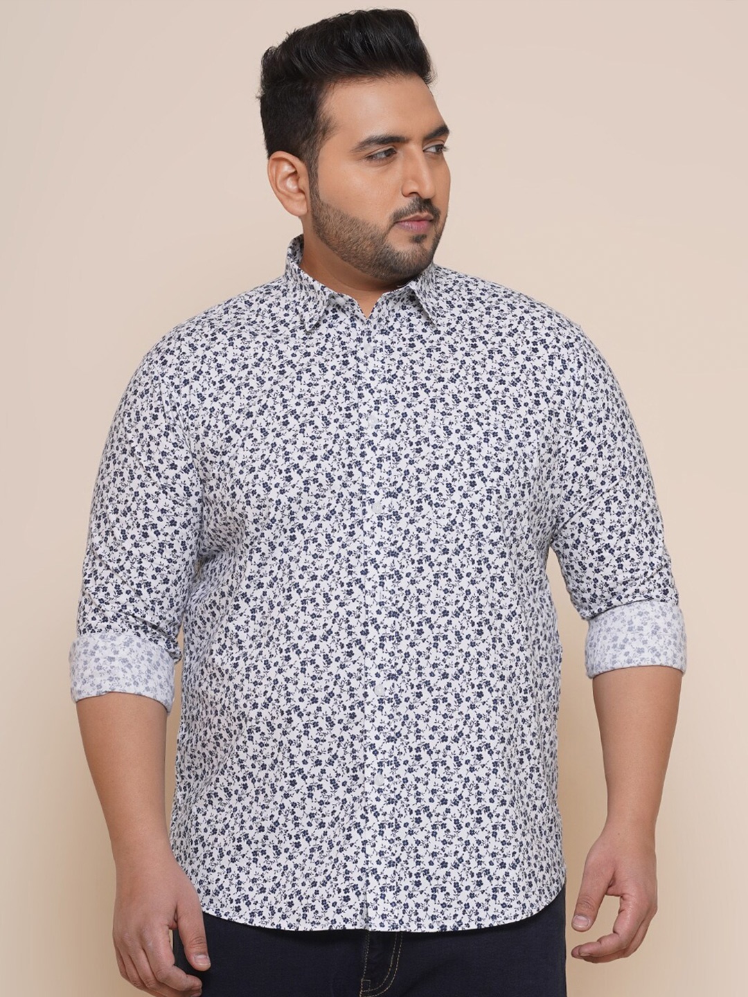 

John Pride Men Plus Size Floral Printed Casual Shirt, White