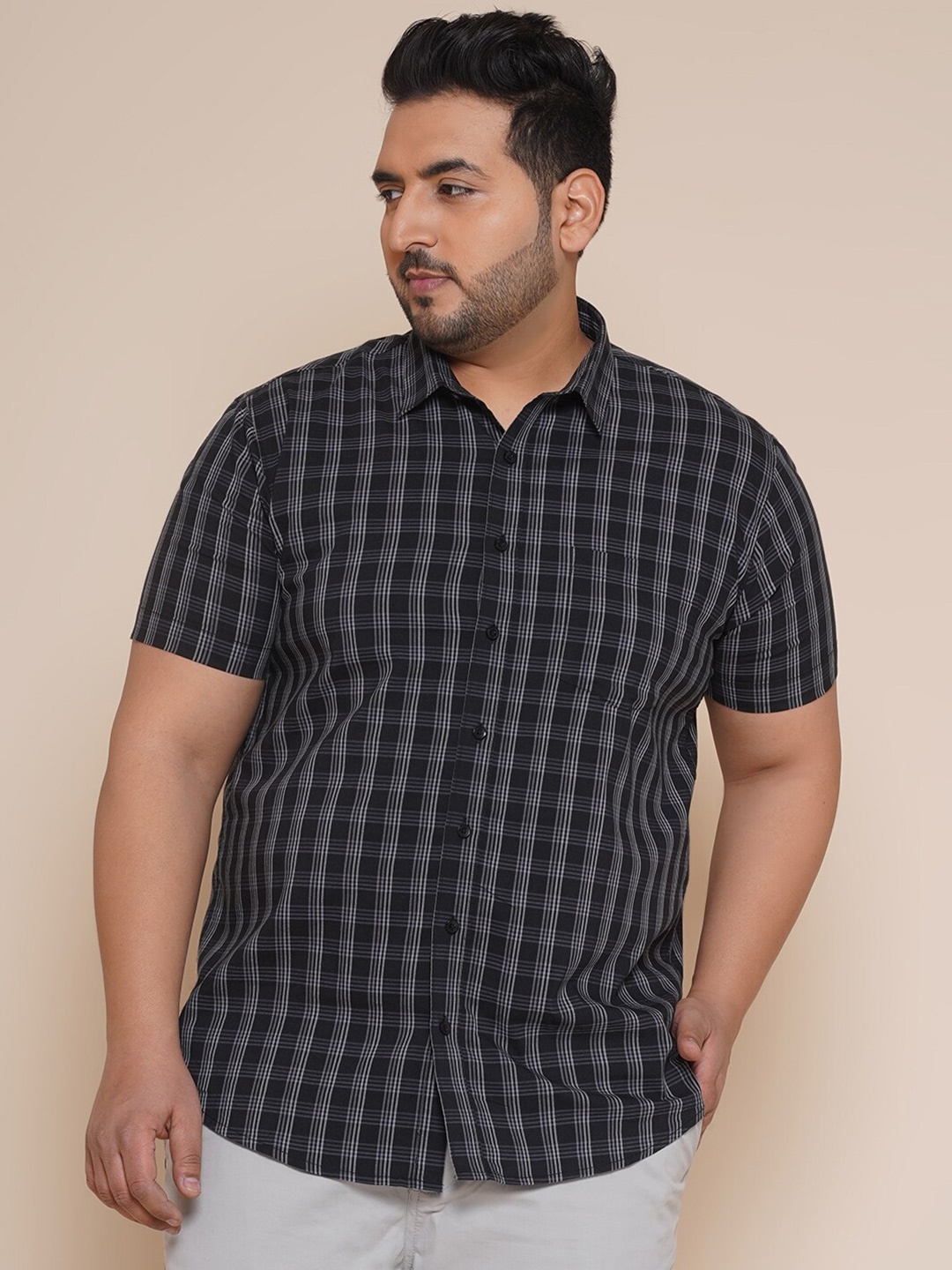 

John Pride Plus Size Men Black Tartan Checks Opaque Checked Casual Shirt