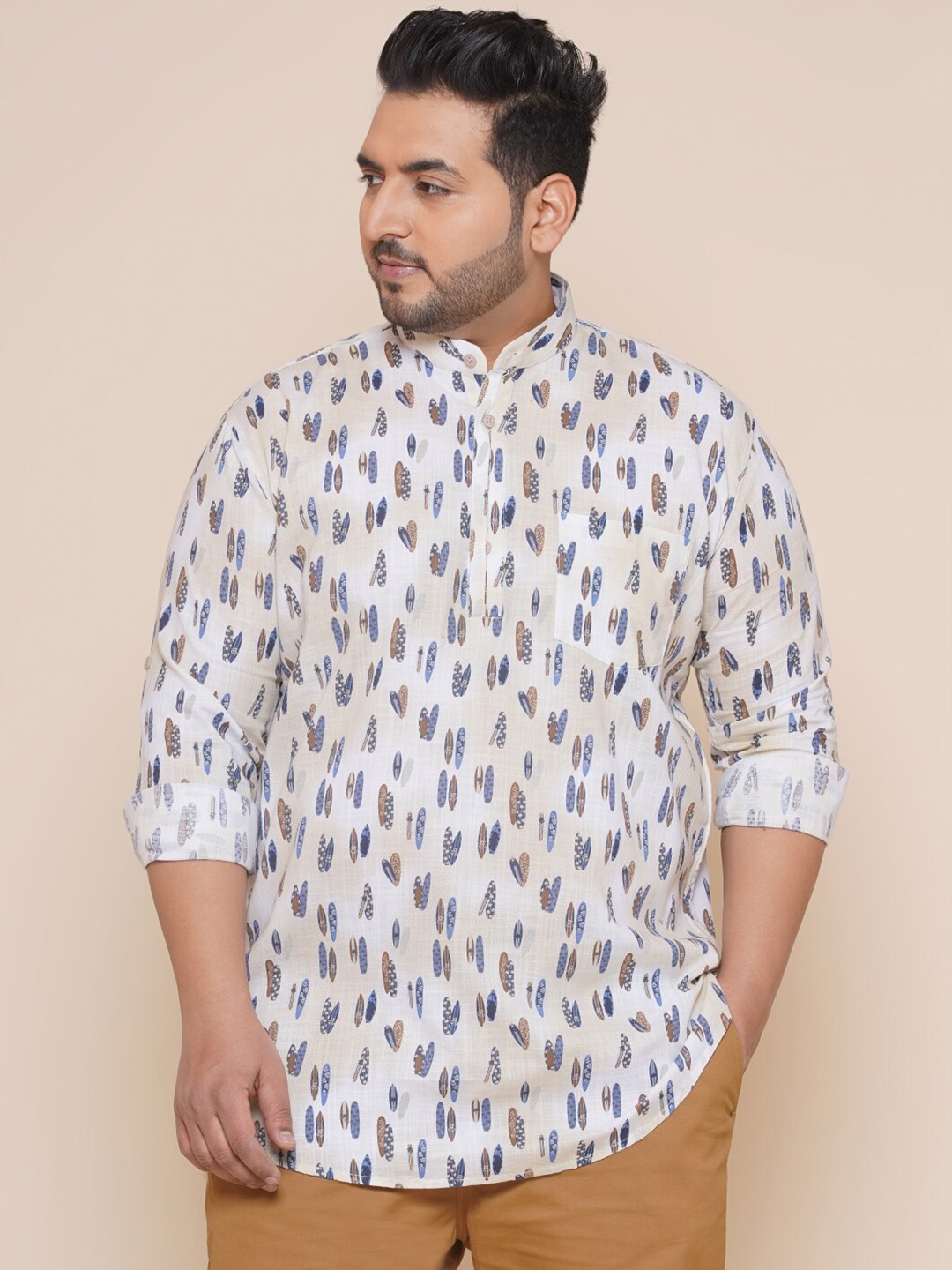 

John Pride Men Plus Size Printed Casual Cotton Shirt, Beige