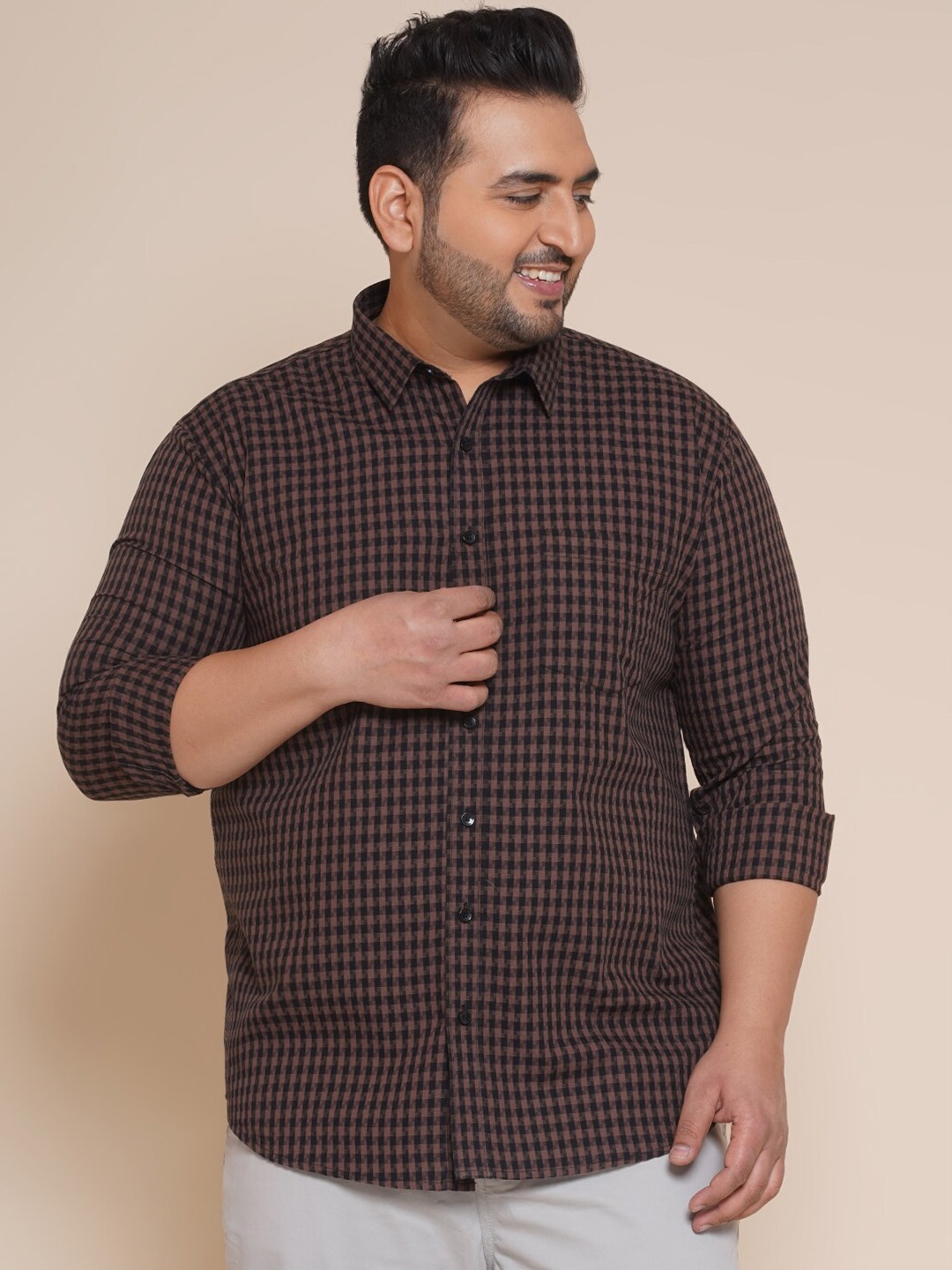 

John Pride Men Plus Size Checked Casual Cotton Shirt, Coffee brown