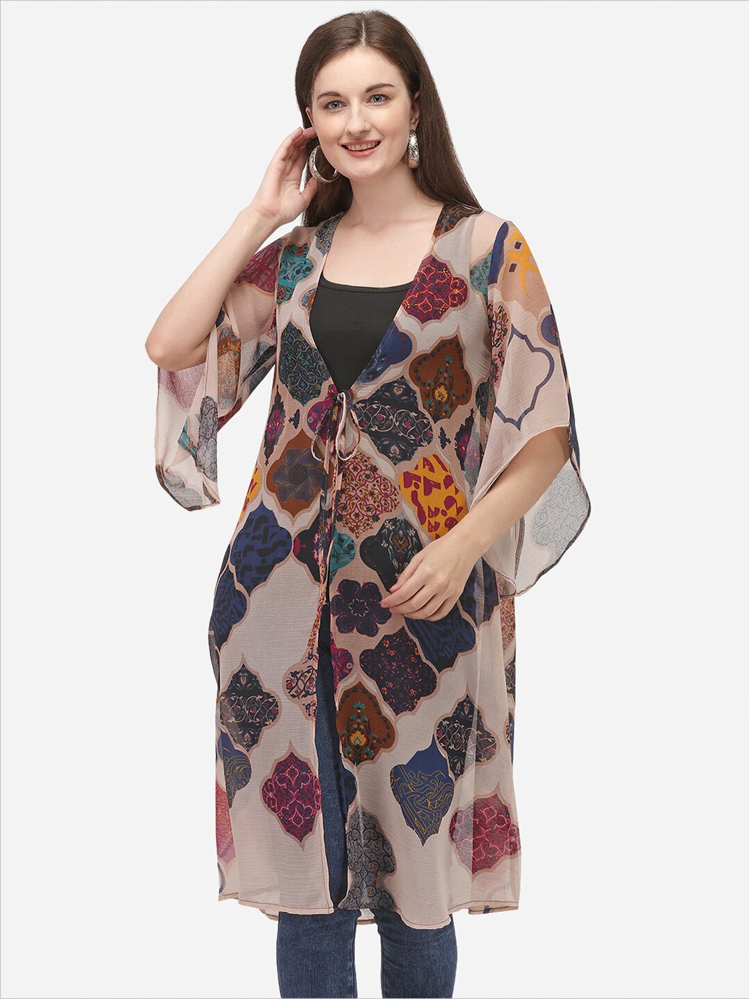 

Fbella Women Geometric Printed Longline Tie-Up Shrug, Cream