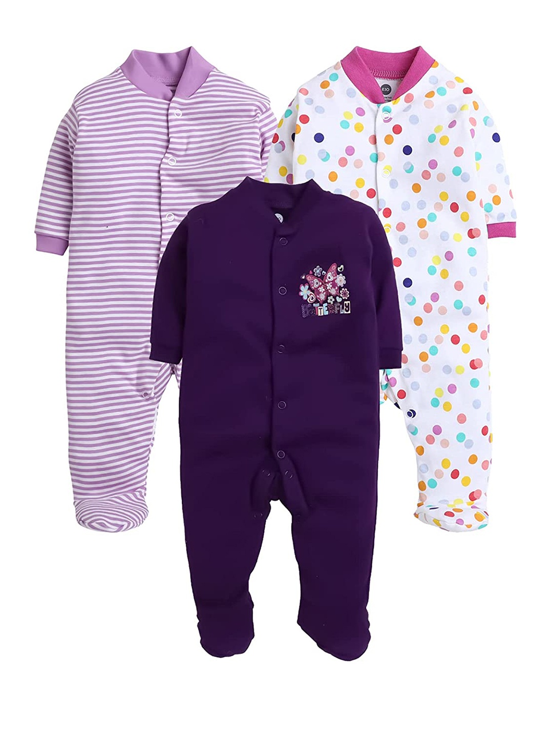 

EIO Infants Pack Of 3 Printed Pure Cotton Sleepsuit, Purple