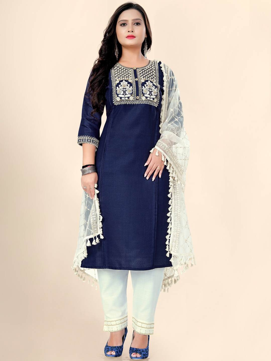 

Fashion FRICKS Floral Embroidered Pure Cotton Kurta with Trousers & Dupatta, Navy blue