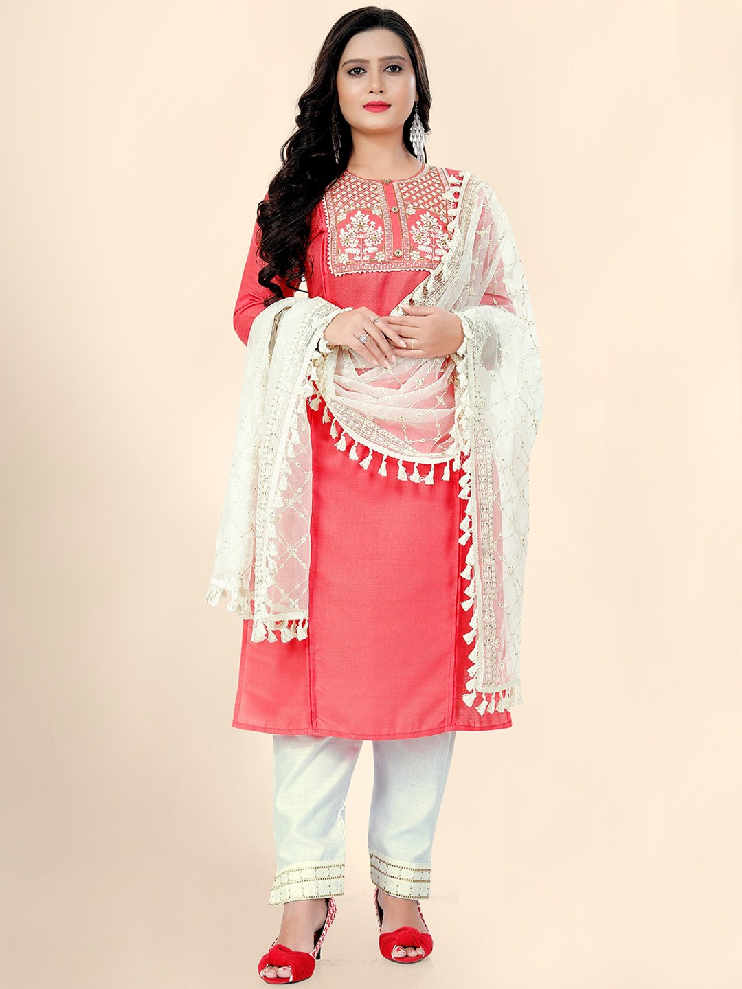

Fashion FRICKS Ethnic Motifs Embroidered Thread Work Pure Cotton Kurta Set, Red