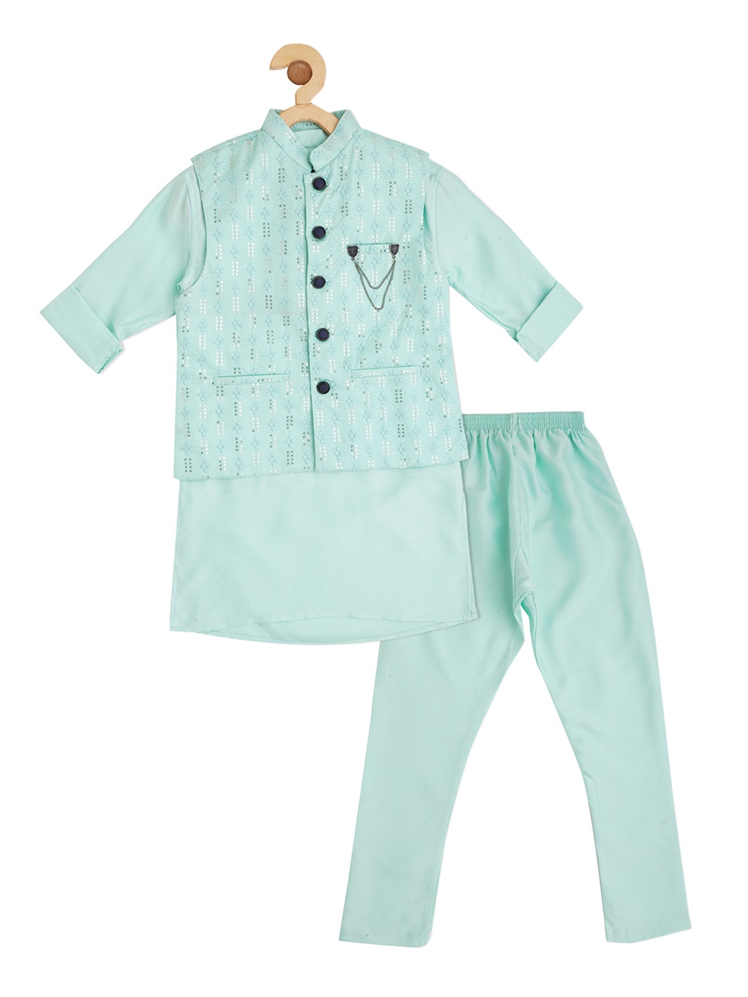 

CAVIO Boys Thread Work Kurta with Pyjamas With Nehru Jacket, Sea green