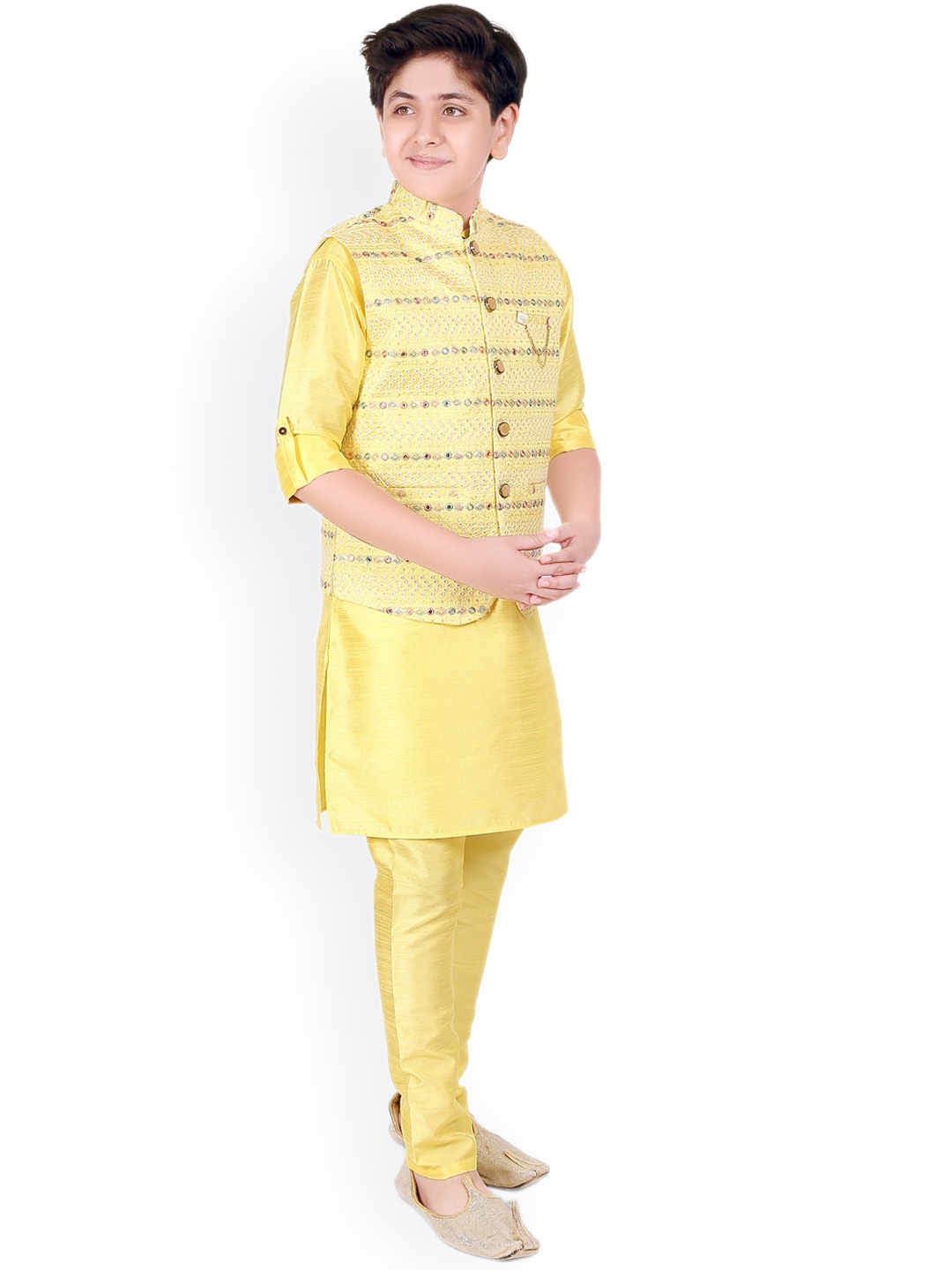 

CAVIO Boys Yellow Thread Work Kurta w\With Pyjamas