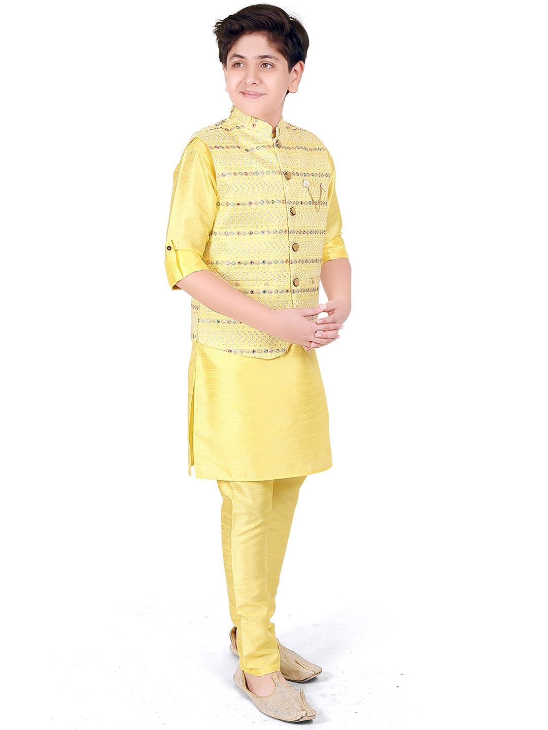 

CAVIO Boys Yellow Layered Thread Work Kurta with Pyjamas