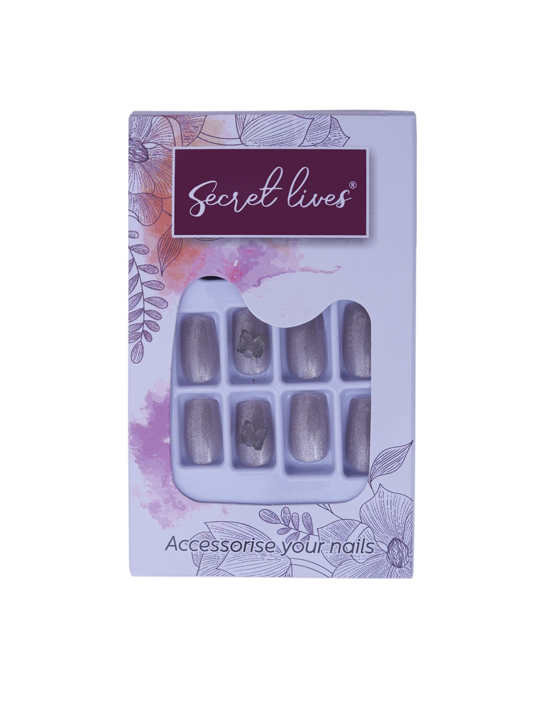 

Secret Lives Designer Cats Eye Artificial Nails Extension with 3D Butterfly - Silver