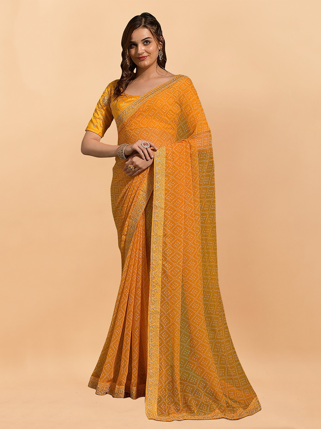 

KALINI Embroidered Pure Georgette Bandhani Saree, Mustard