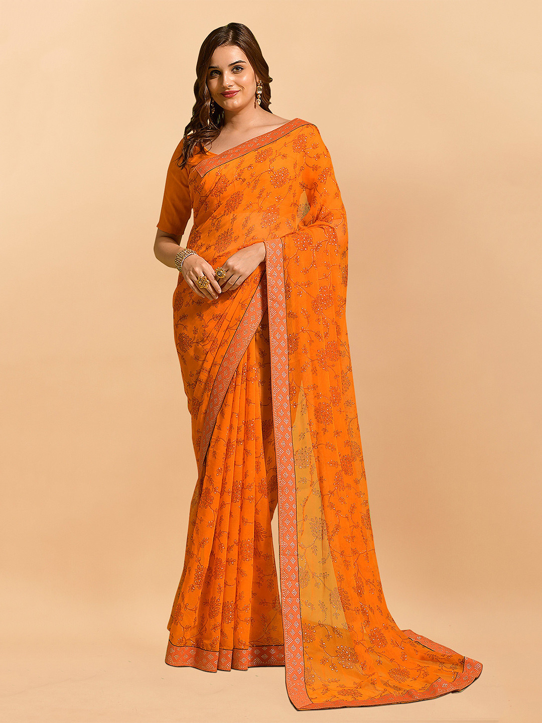 

KALINI Floral Pure Chiffon Saree, Orange
