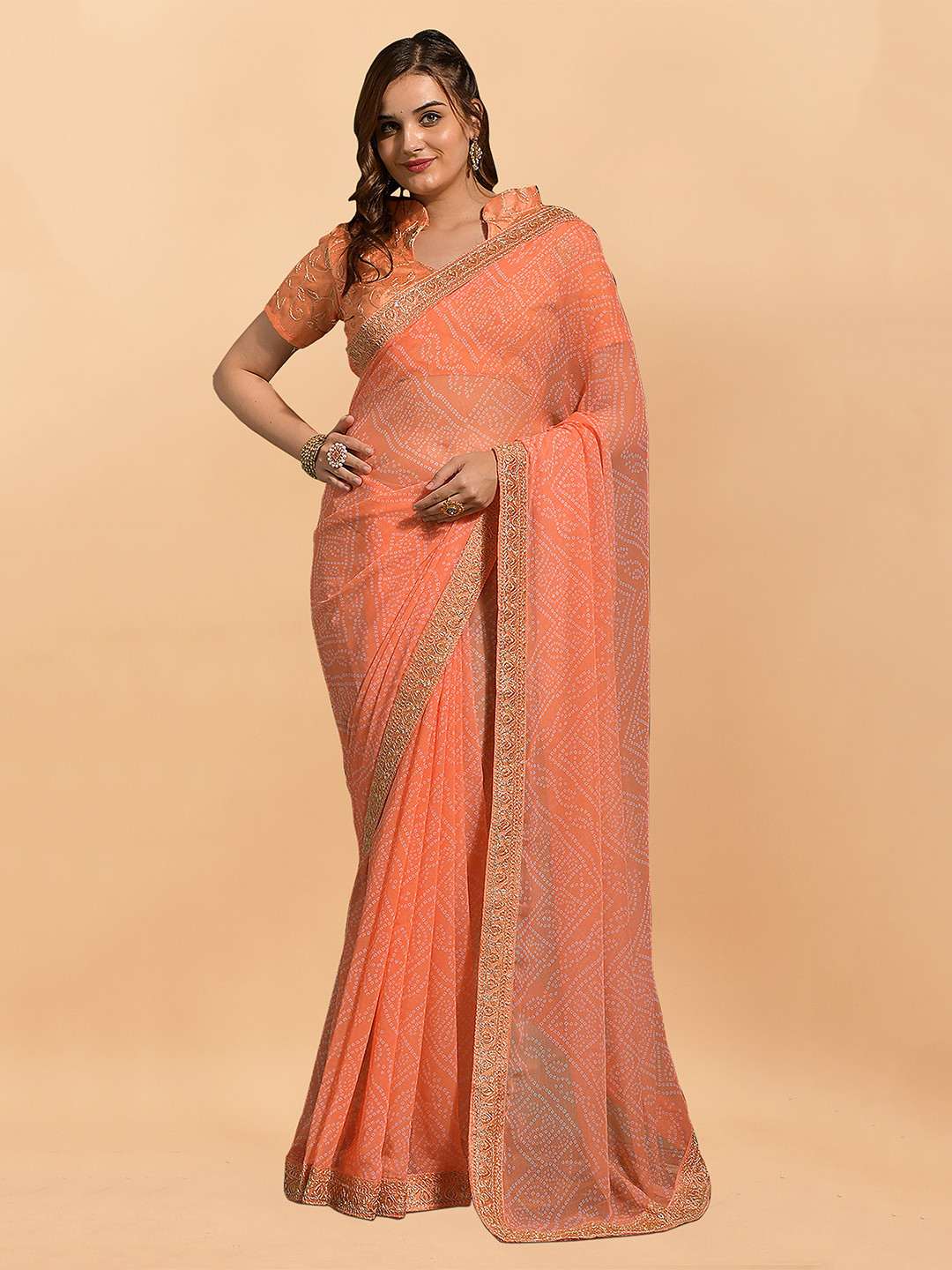 

KALINI Embroidered Pure Georgette Bandhani Saree, Peach
