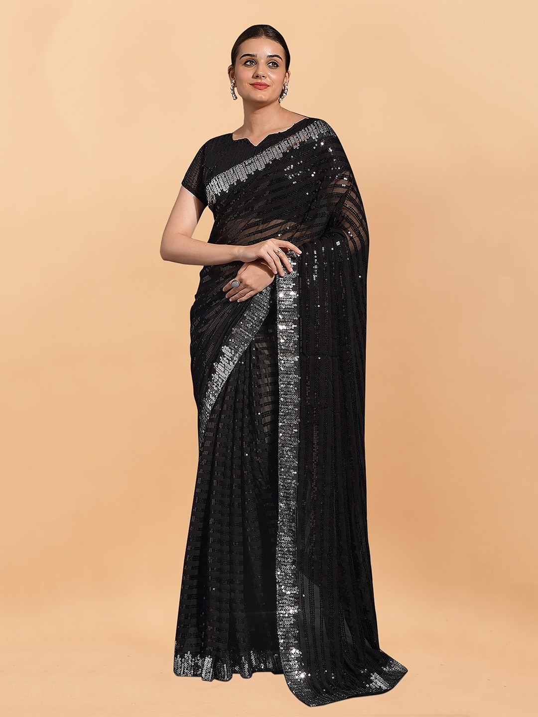 

KALINI Embellished Sequinned Pure Georgette Saree, Black