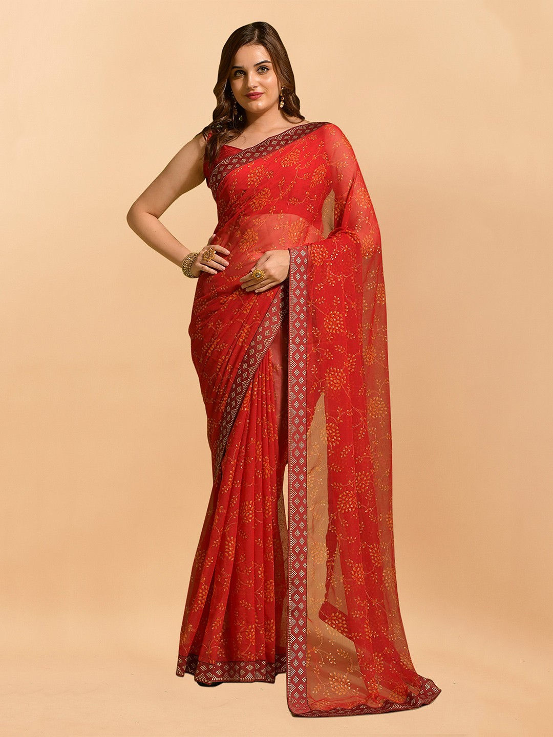 

KALINI Floral Pure Chiffon Saree, Red