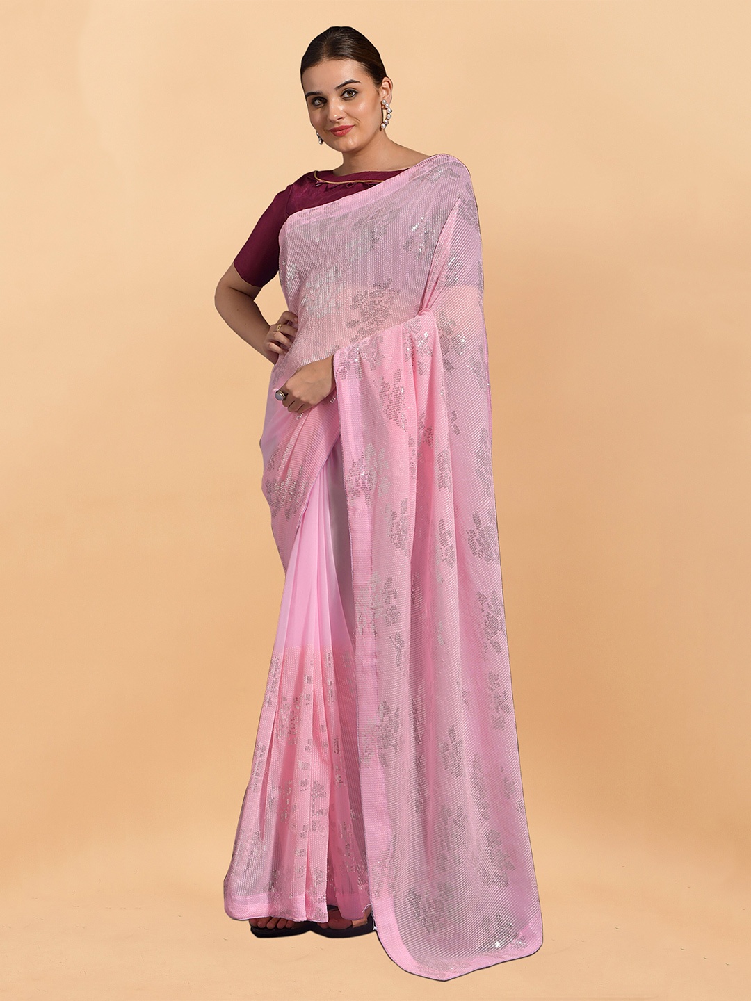 

KALINI Embroidered Pure Georgette Saree, Pink