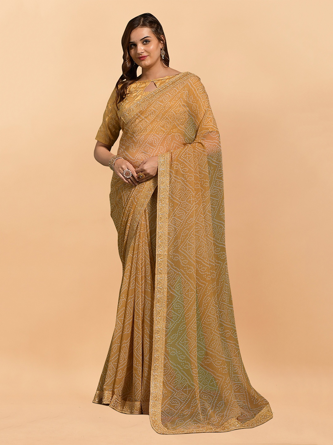 

KALINI Bandhani Embroidered Pure Georgette Bandhani Saree, Khaki