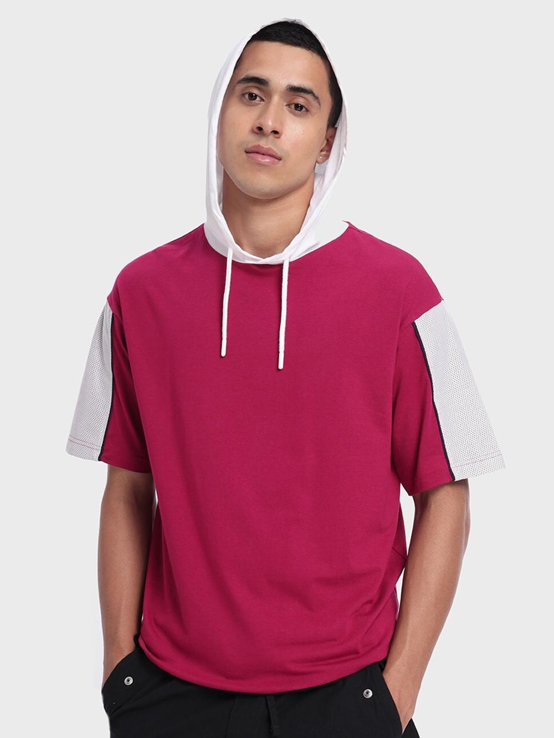 

Bewakoof Men Colourblocked Cotton Oversized Hooded Sweatshirt, Pink