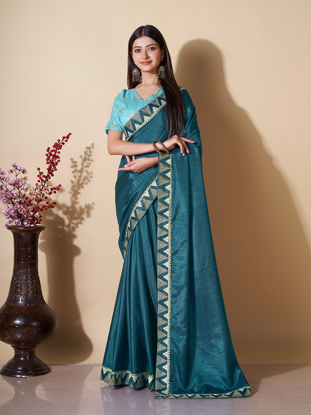 

ZIKARAA Embroidered Pure Silk Saree, Turquoise blue