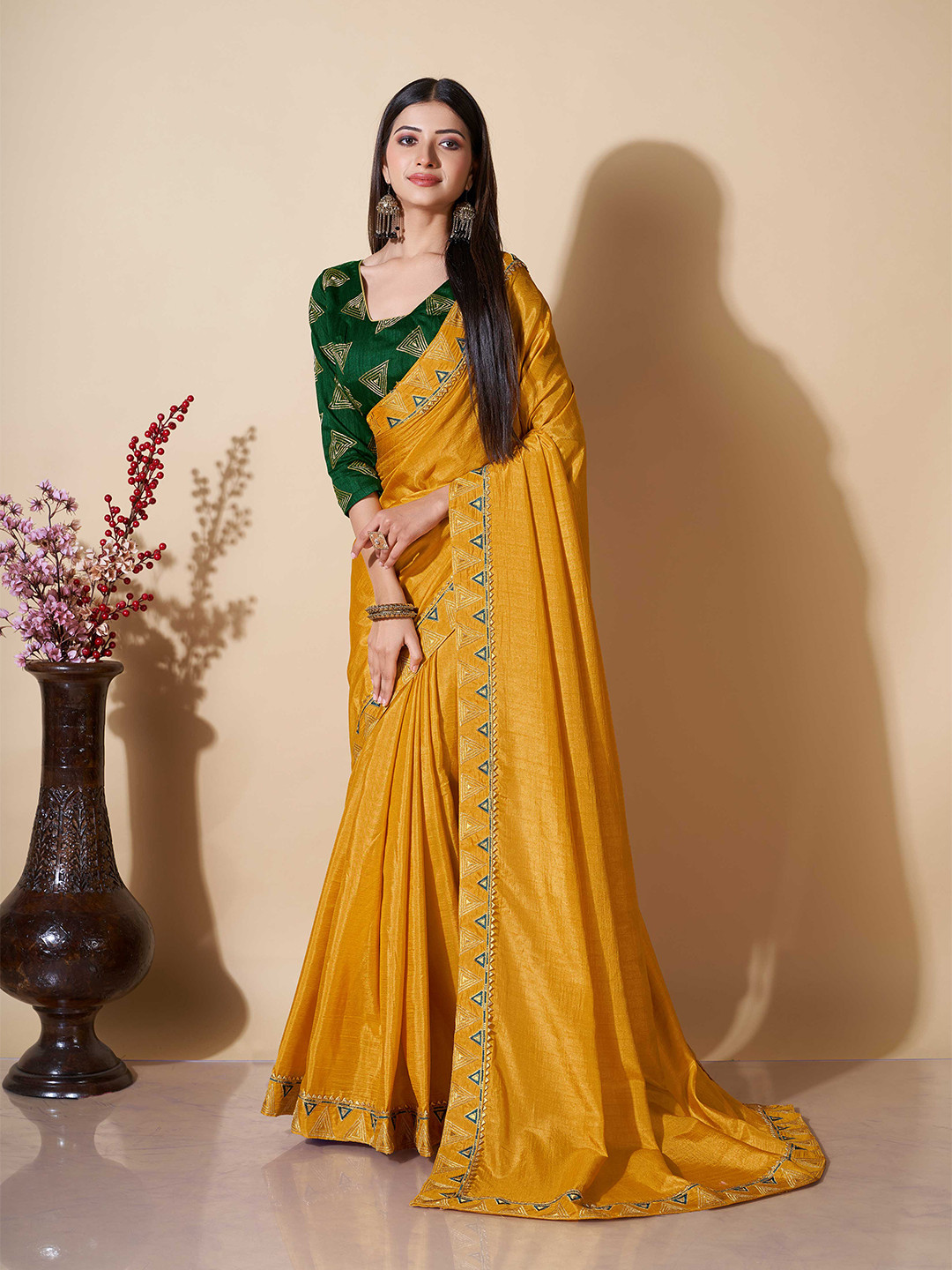

ZIKARAA Embroidered Pure Silk Saree, Mustard
