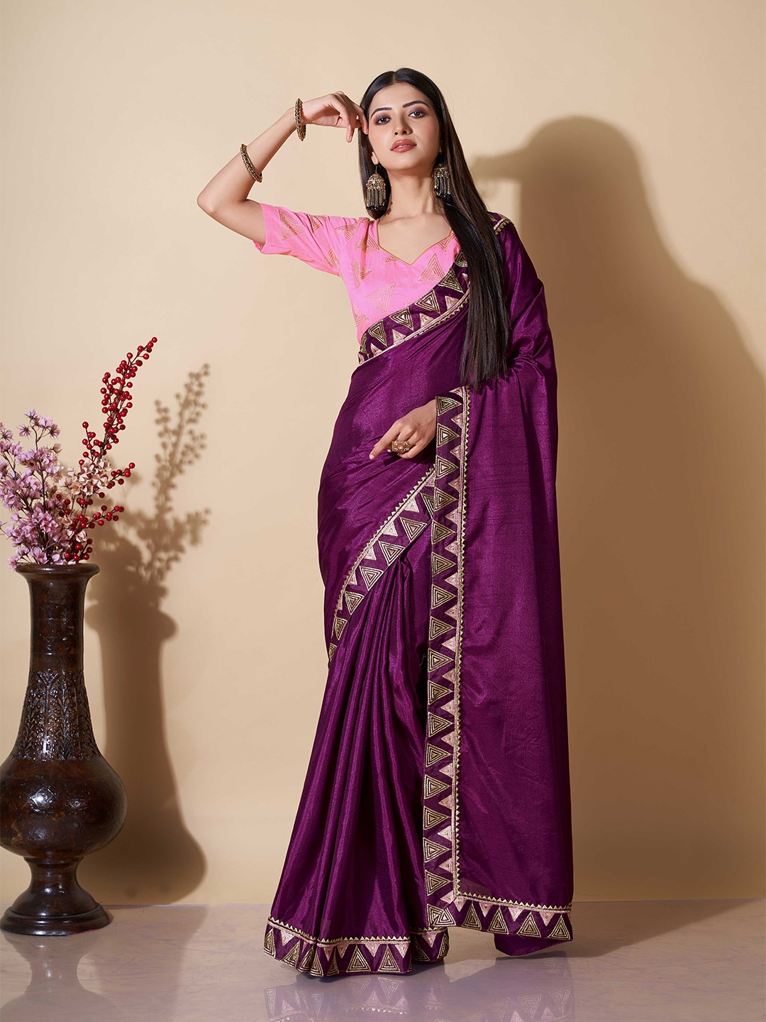 

ZIKARAA Embroidered Pure Silk Saree, Purple